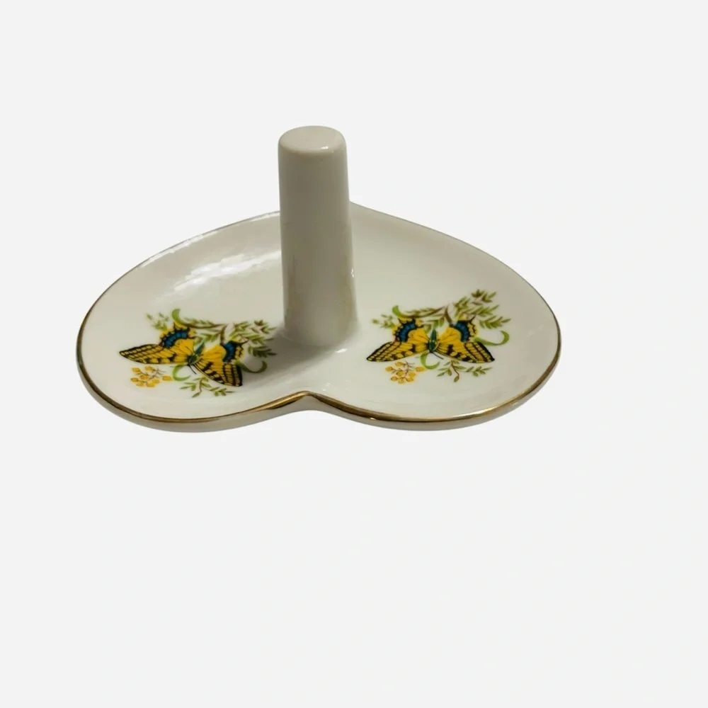 Vintage Heart Shaped Butterfly Ring Holder Porcelain Japan Trinket Dish 4